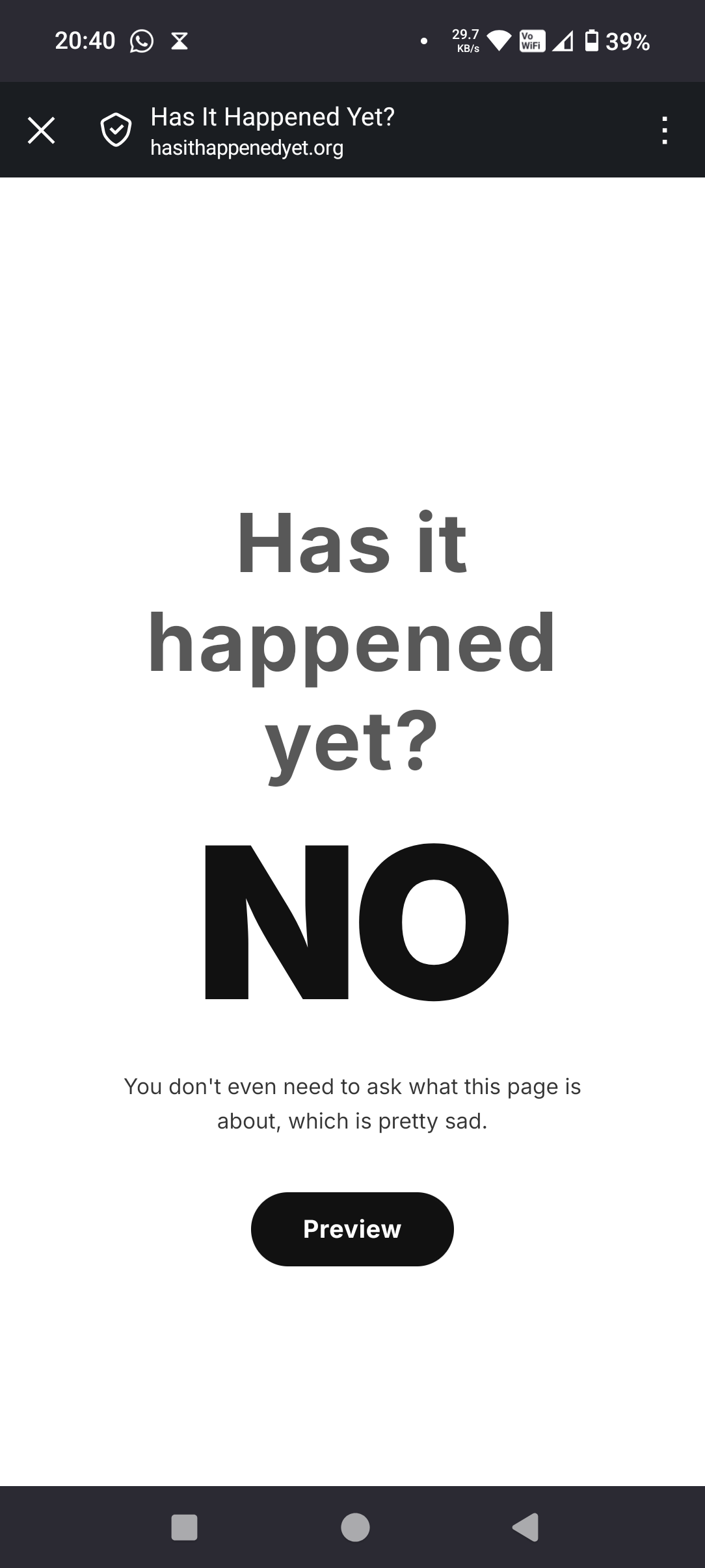 Website https://hasithappenedyet.org/

"Has it happened yet?

NO

You don't even need to ask what this page is about, which is pretty sad."