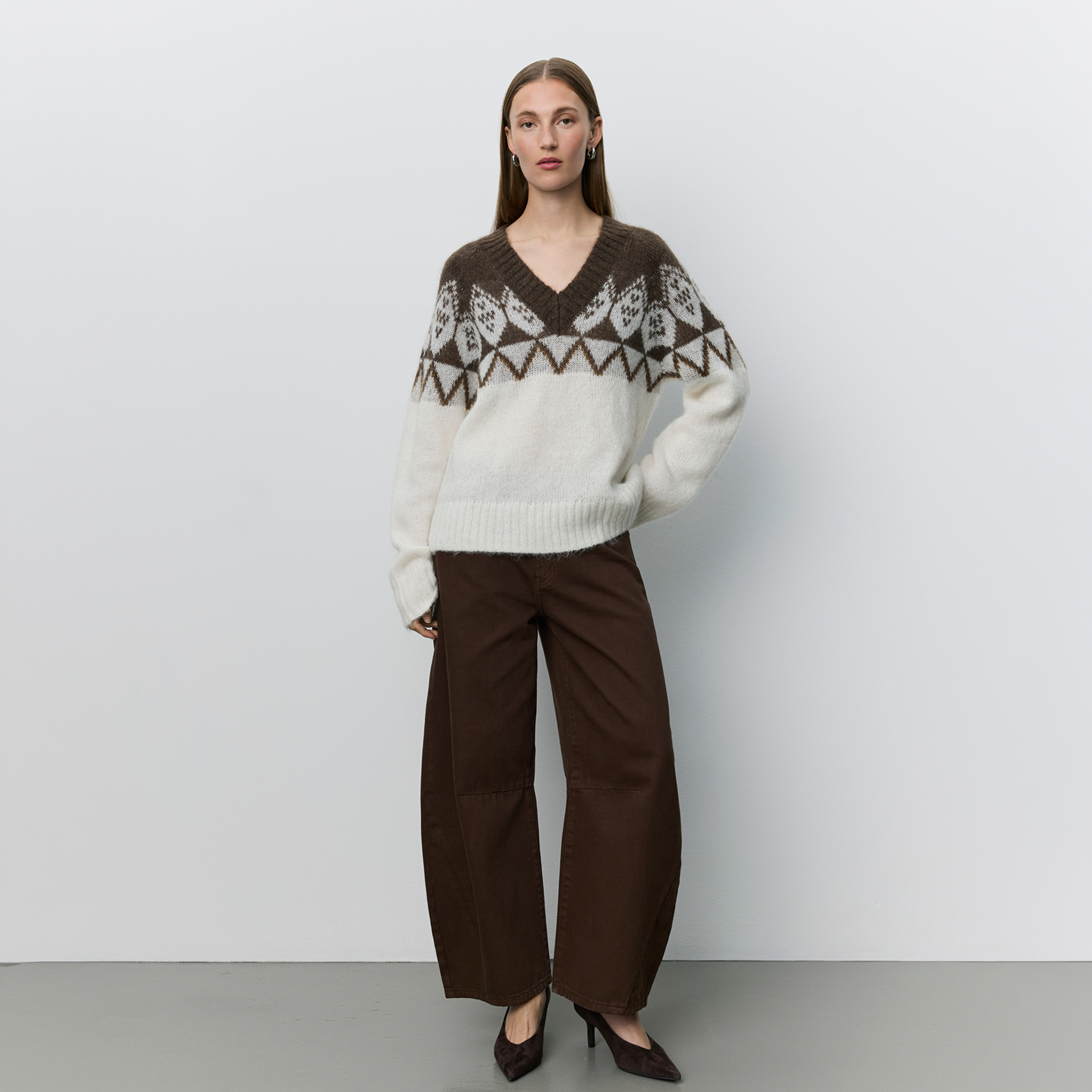 Pullover, Wolkiges Muster, V-Ausschnitt, Oversize, Strickpullover