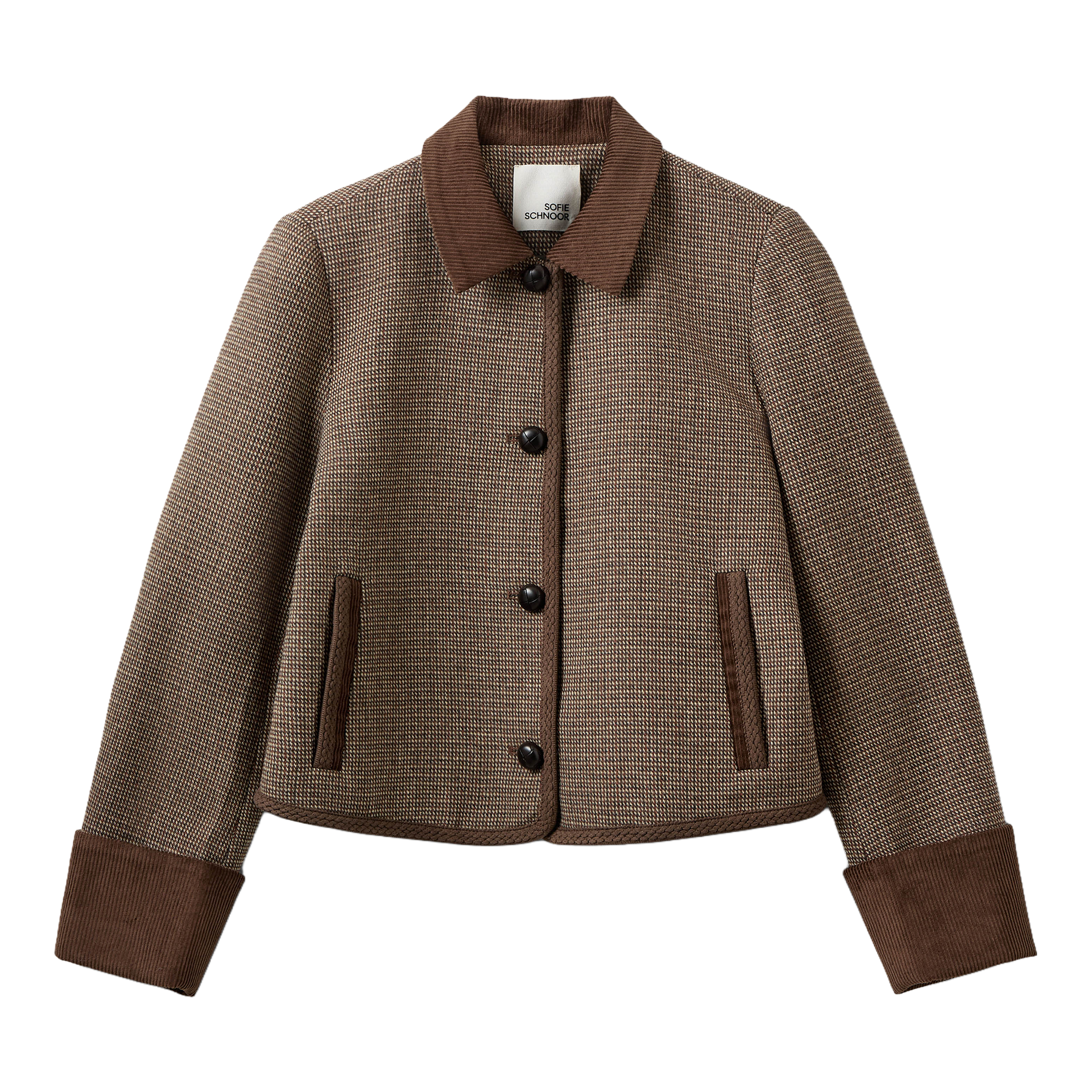 Blazer, Kurzjacke, Tweed, Braun, Knöpfe, Kragen, Taschen, Corduroy-Bündchen, Kontrastkante