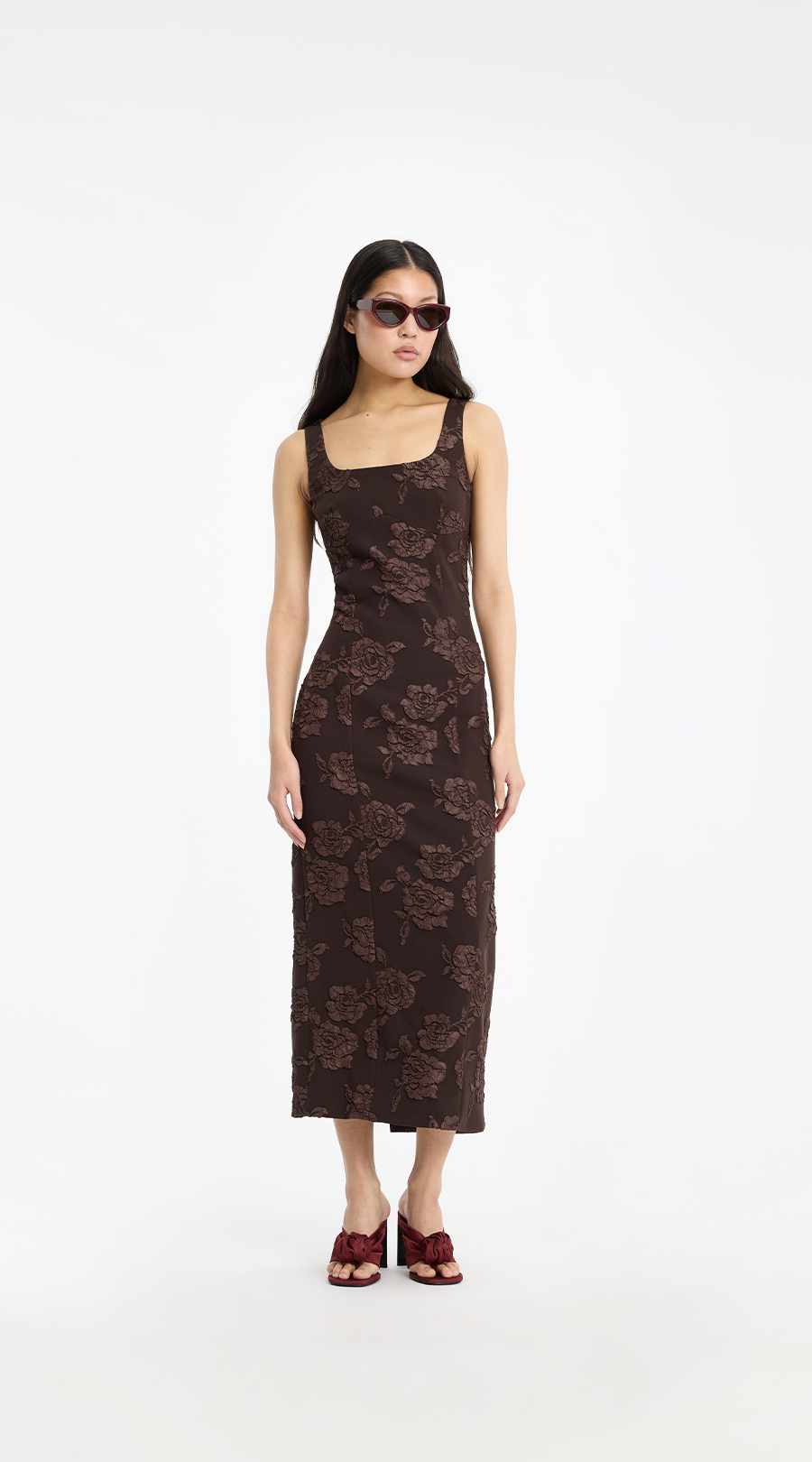 Kleid, Midi-Länge, Blumenmuster, Hochwertig, Sandalen mit Schleife