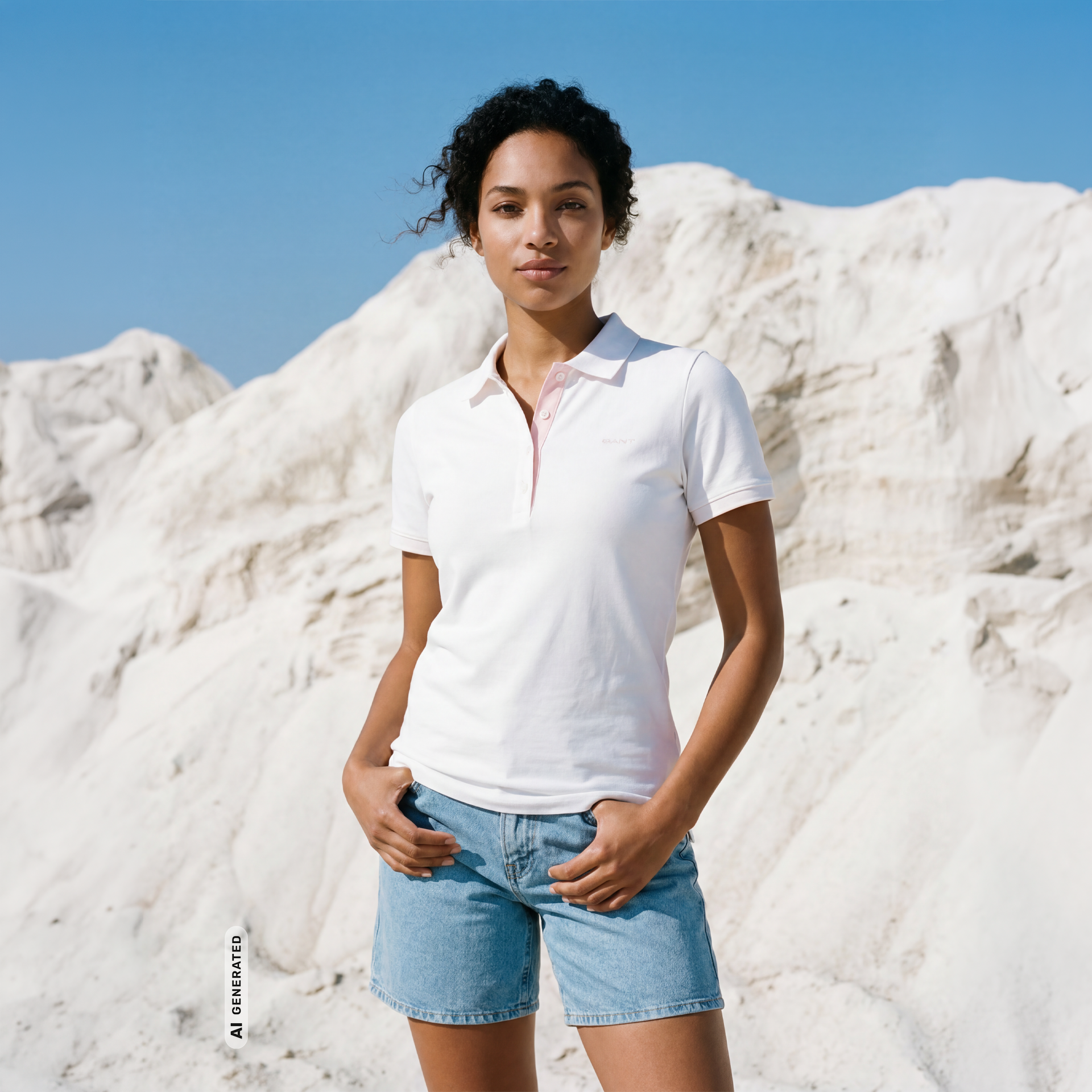 polo Shirt, weißes Polo, Polo Shirt, Shorts, Denim Shorts, Polohemd, weißes Polohemd, Shorts, Denim-Shorts, Sommeroutfit, Polohemd, weißes Polo, Kurze Hose, Denim-Shorts, Sommer-Outfit, Polohemd, weißes Polohemd, Shorts, Jeansshorts, Frau Modell