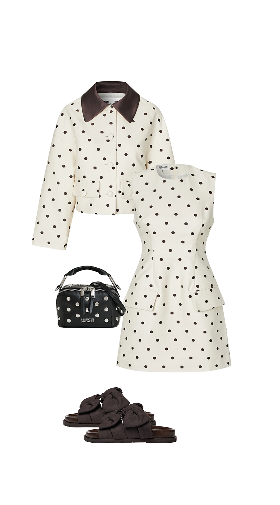 Polka dot, Jacke, Kleid, Henkeltasche, Sandalen