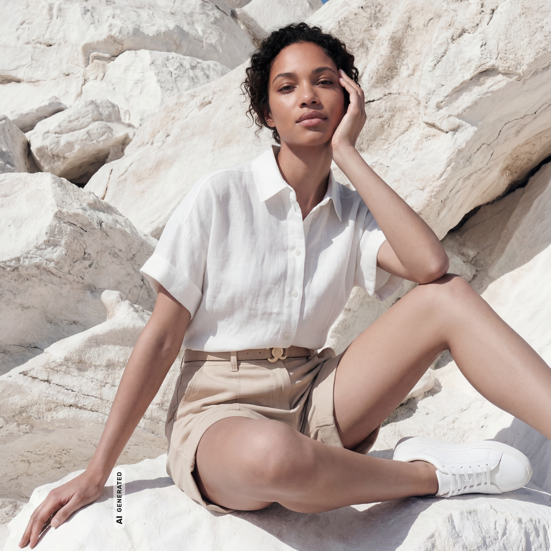 weißes Hemd, Leinenhemd, beige Shorts, weiße Sneaker, felsiger Hintergrund, weißes Hemd, Leinenhemd, beige Shorts, beiger Gürtel, weiße Sneaker