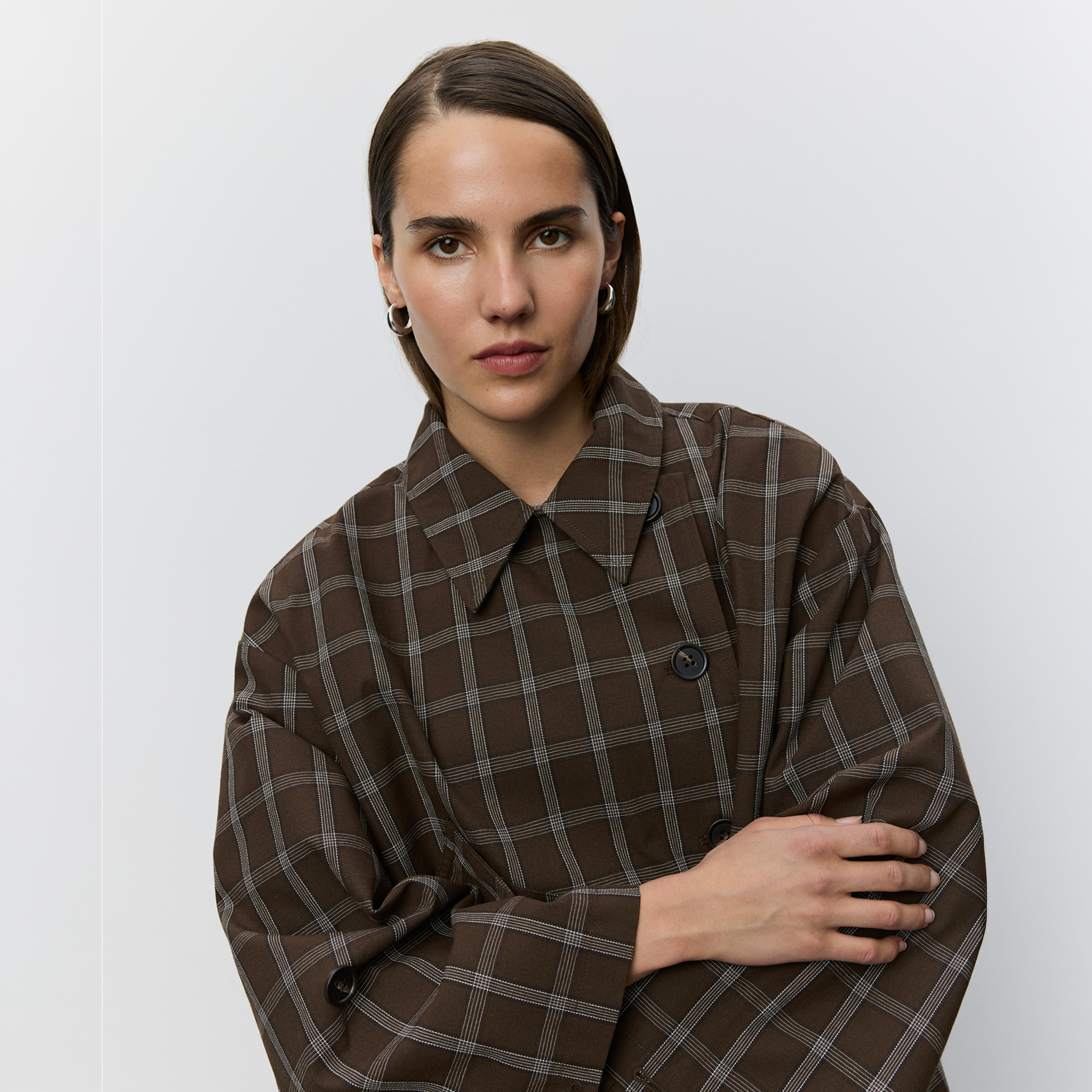 Mantel, Checkered, Braun, Knopfdetail, Oversized
