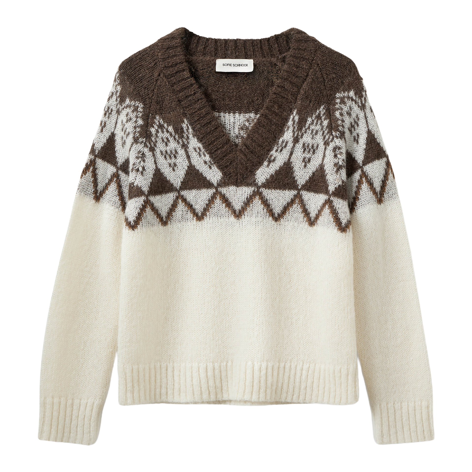 Pullover, Strickpullover, V-Ausschnitt, Muster, Creme Braun