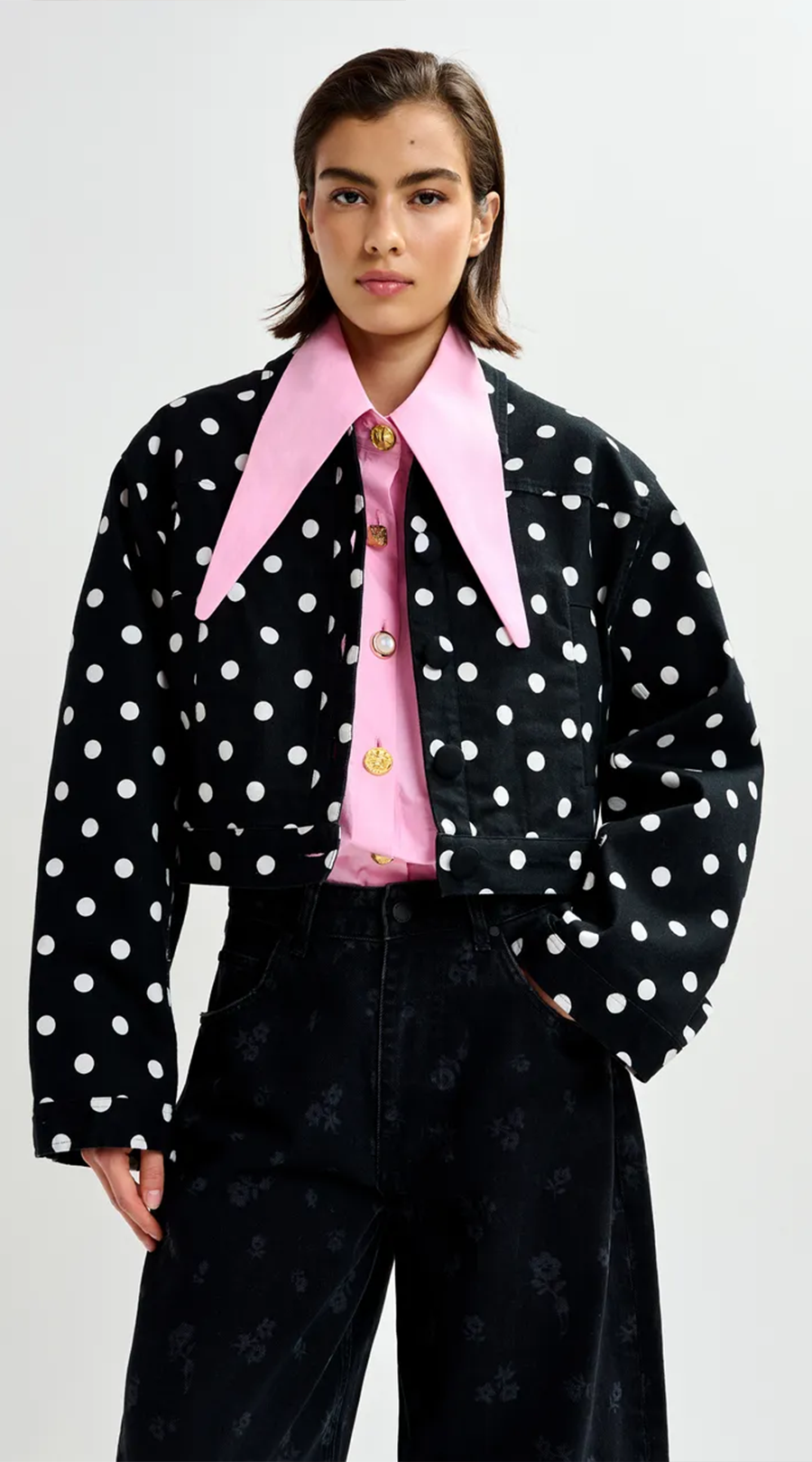 polka dot, jacke, pinkeshemd, oversized, kragendetail