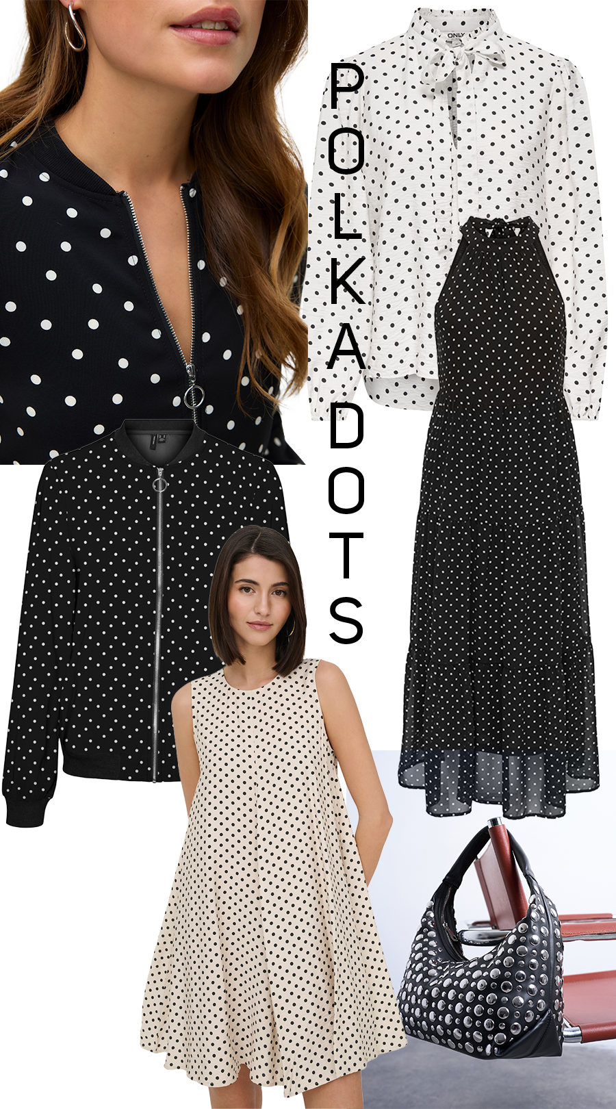 Polka dot, Pünktchen, Schwarz Kleid, Weißes Bluse, Polka dot Jacke