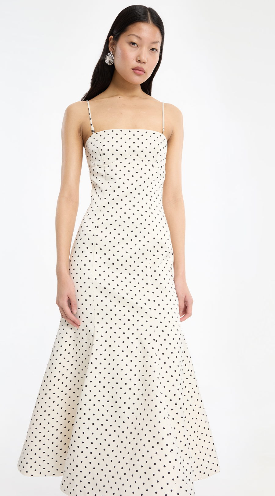 Polka dot, Spaghettiträger, Maxi-Kleid, Beige, A-Linie