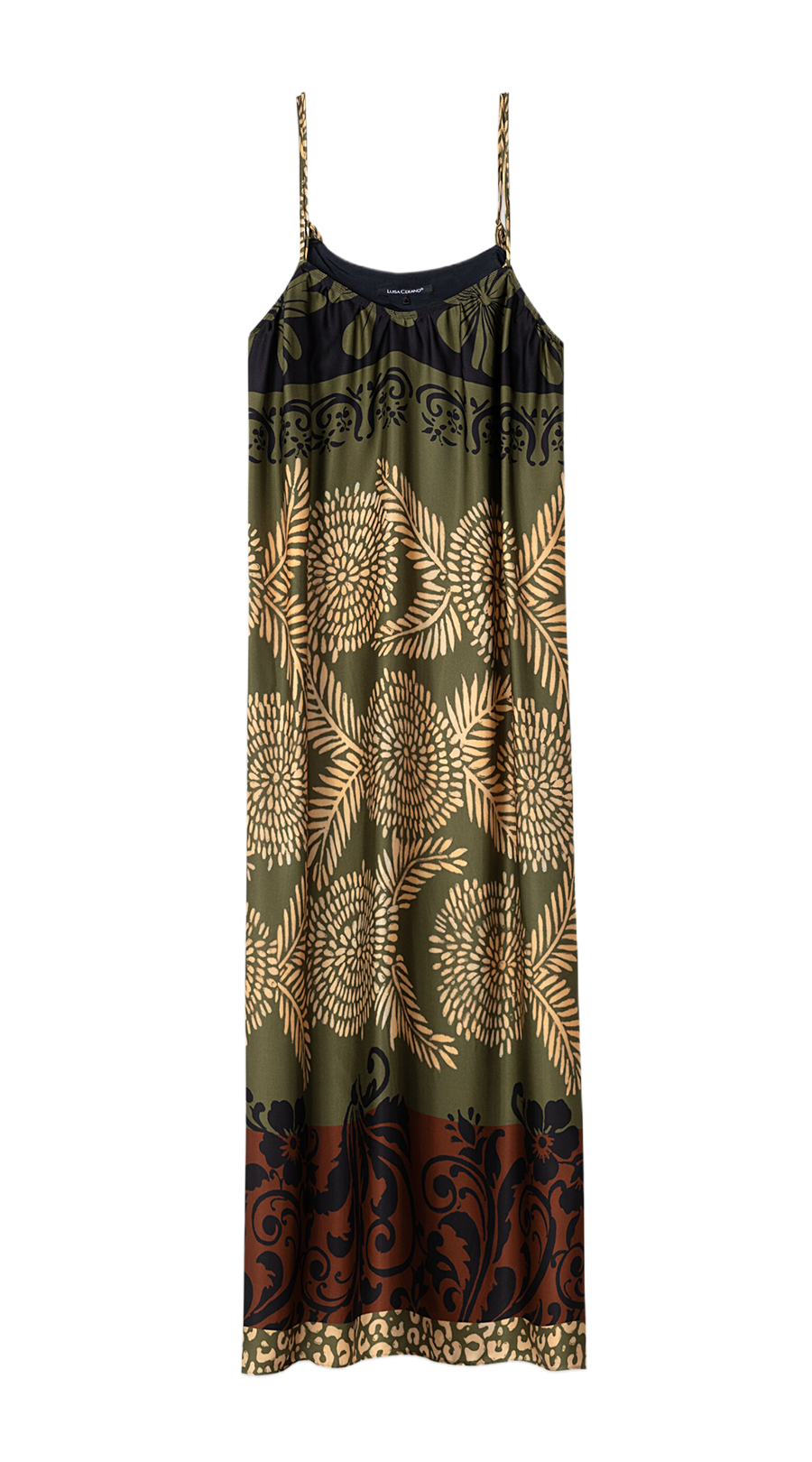 maxi dress, Spaghettiträger, Blumenmuster, grün olive, Boho
