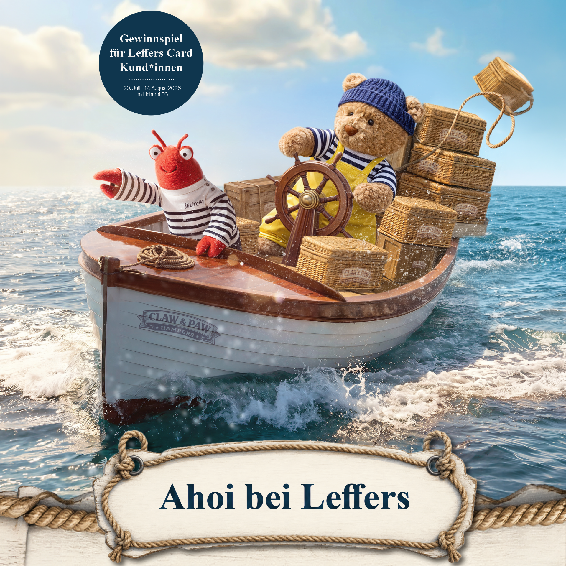 teddy bear, boat, rope, kiste, wellen