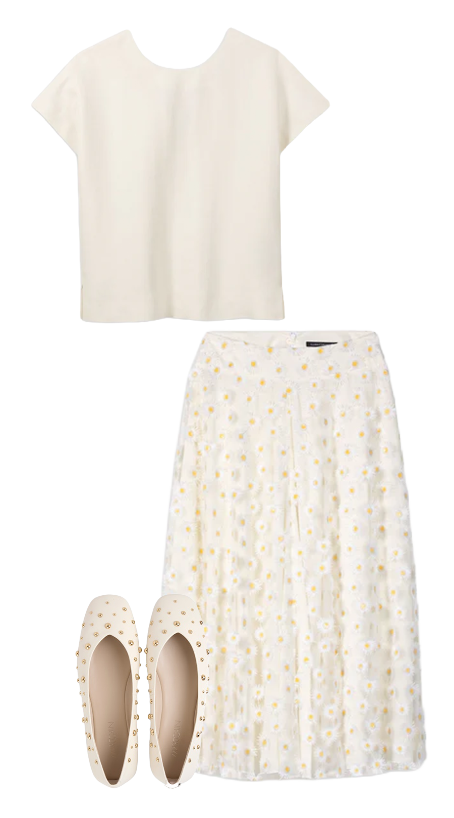 Kleid-Set, Bluse, Rock, Flache Schuhe, Beige