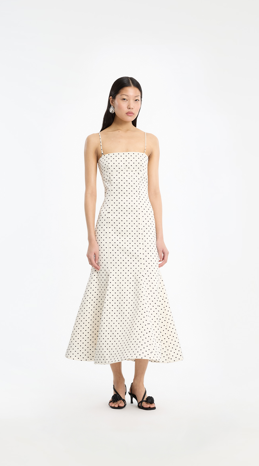 Polka dot dress, Midi dress, Spaghetti straps, White dress, Flared hem, Kleid, Spitzenmuster, Polka Dots, Midi-Kleid, Spaghettiträger
