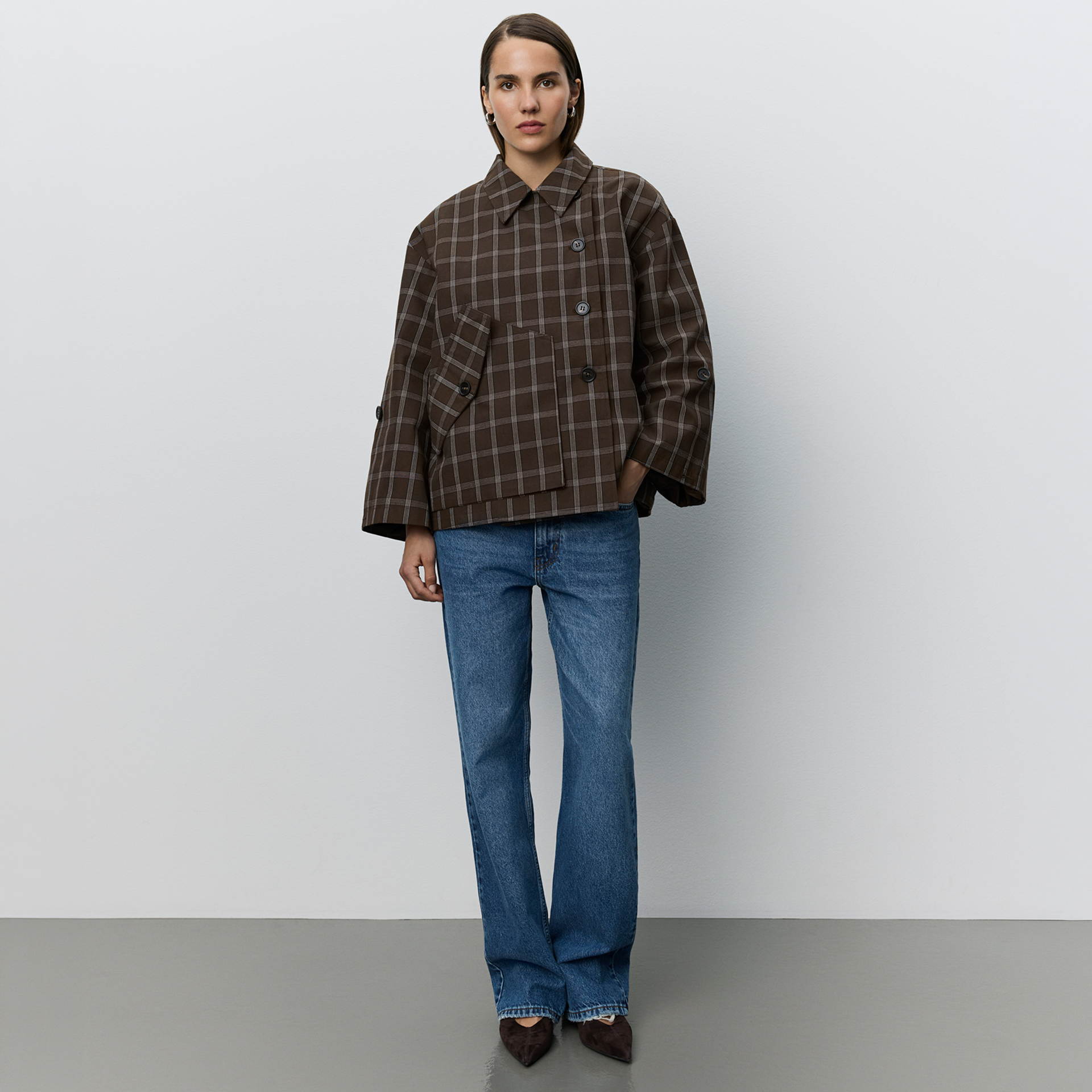 Hemdjacke, Kariert, Braun, Oversize, Knöpfe