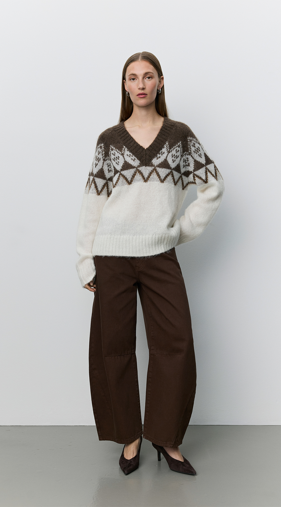 Pullover, V-Ausschnitt, Fair-Isle, Wolle, Oversized