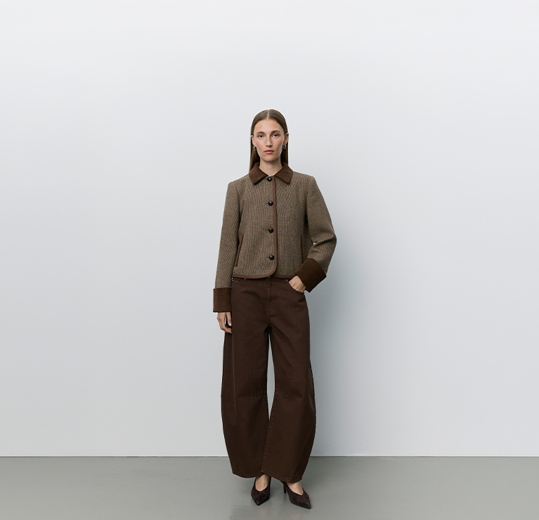 Cardigan, Herringbone, Braun, Kragen, Weite-Gesäßbeine, Hemdjacke, Karo, Birnenhose, braun, Kragenleinen