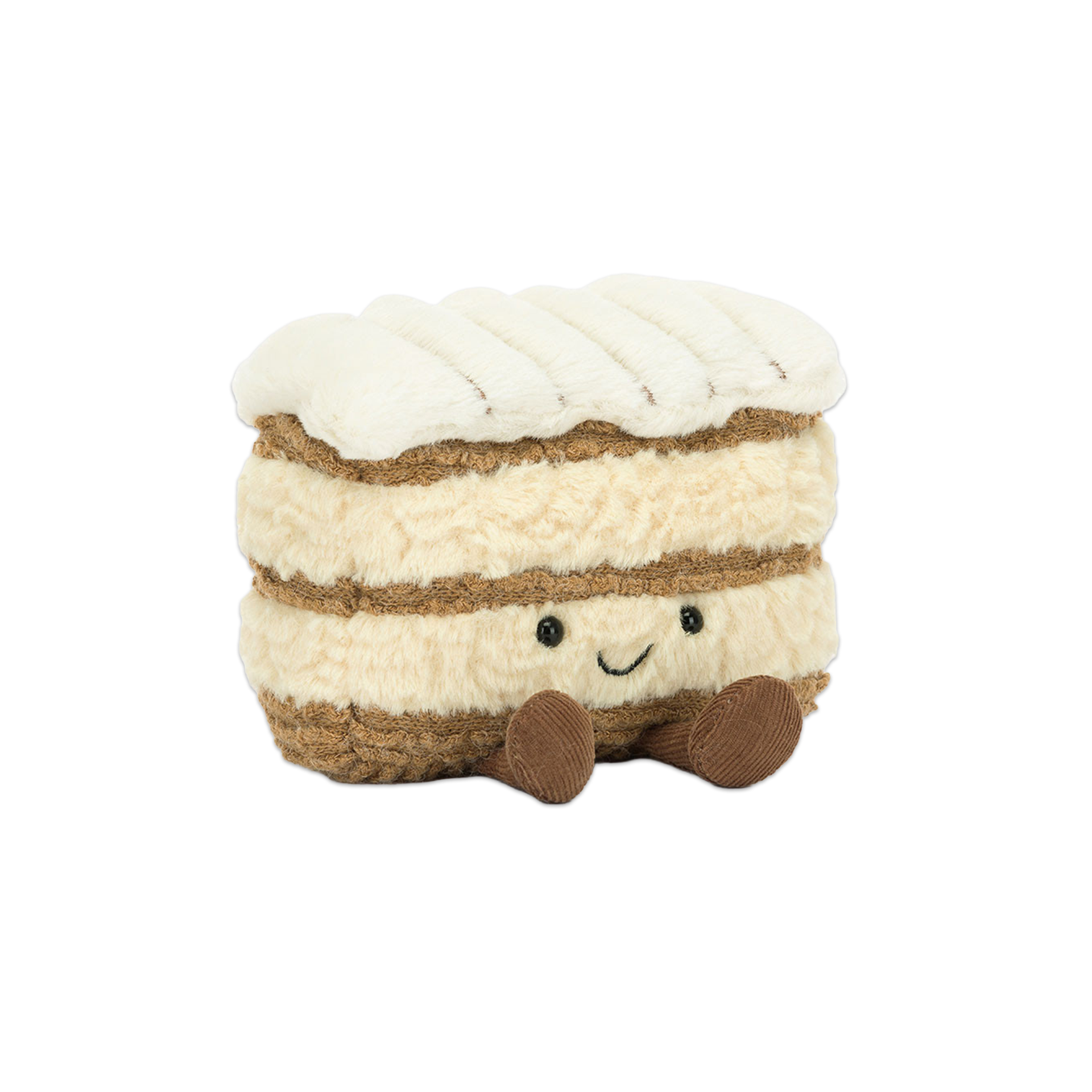 Plushie, Kuchen-Plüsch, creme Schichten, braune Füße, lächelndes Gesicht