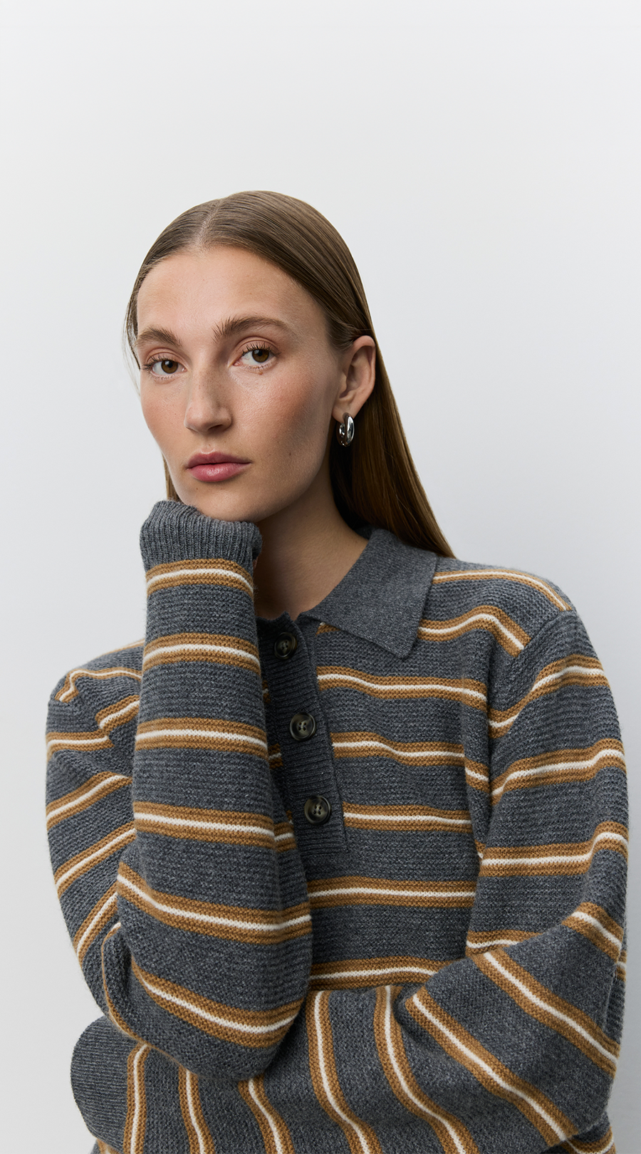 Strickpullover, Gestreift, Hemdkragen, Langarm, Knöpfe