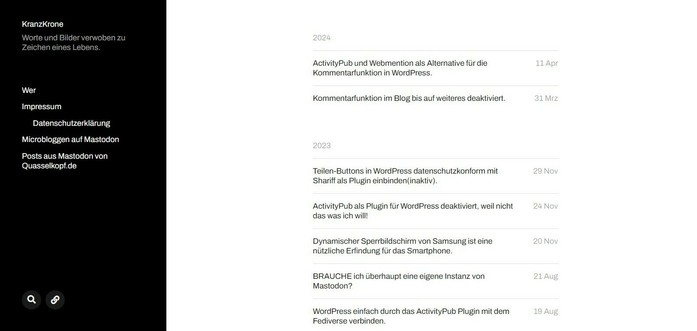 Bildschirmfoto der Webseite namens KranzKrone.de - Titel des Blog: Worte und Bilder verwoben zu Zeichen eines Lebens.