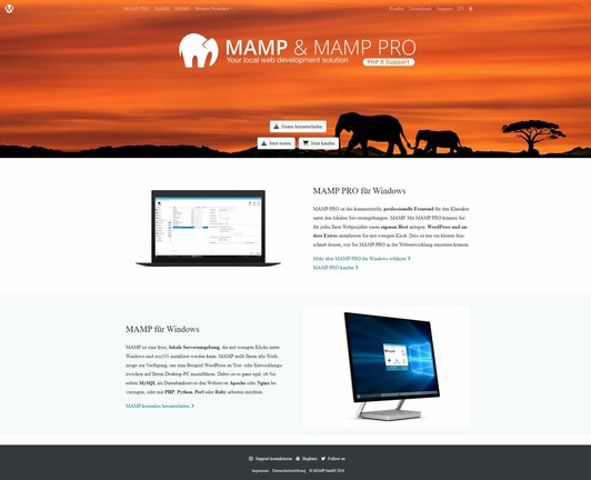 Bildschirmfoto der Webseite von MAMP und MAMP Pro. 

Titel der Webseite: Your local Web development Solution. 