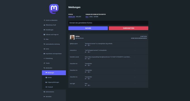Screenshot of Reports in Mastodon on a User about supposedly being transphobic.