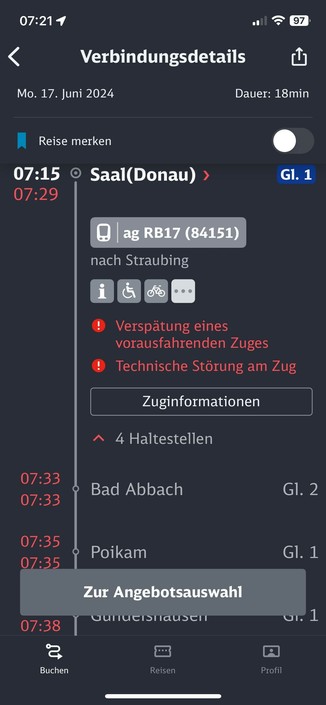 Train schedule and connection details in German, showing delays due to technical issues and preceding train delays. The scheduled departure from Saal (Donau): 07:15
actual departure: 7:29