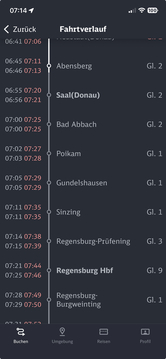 Zugverbindung des RB17 von Ingolstadt nach Regensburg mit einer Verspätung von fast 30 Minuten 