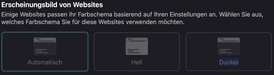 Screenshot des Einstellungsdialoges von Librewolf mit ausgegrauten Optionen "automatisch", "hell" und "dunkel" und automatisch vorausgewählt.
